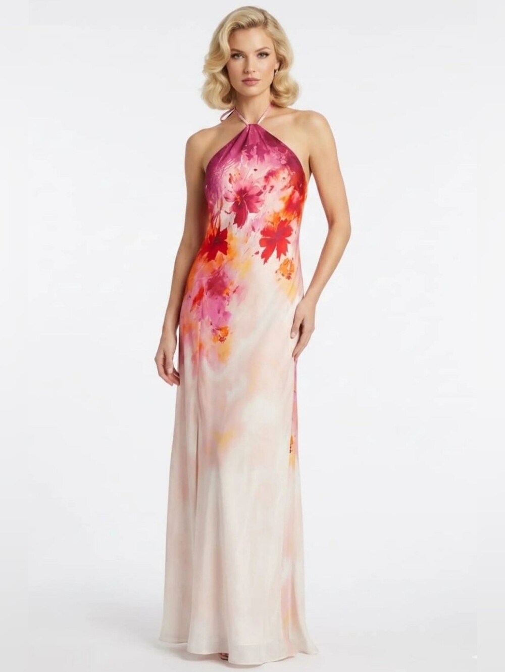 Night Way Collections Floral Halter Maxi Dress in Pink and Peach